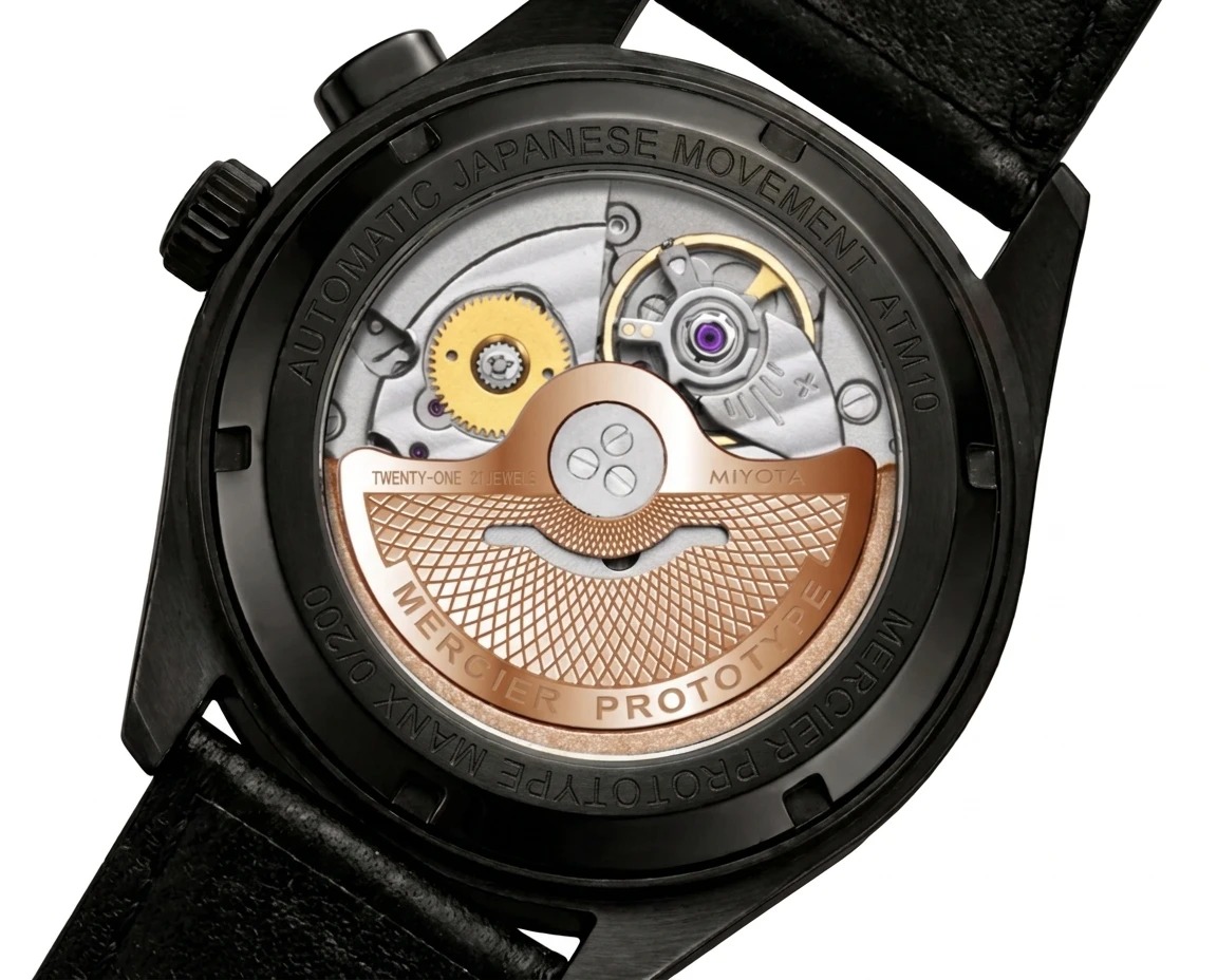 Exhibition caseback showing the Japan-made automatic movement