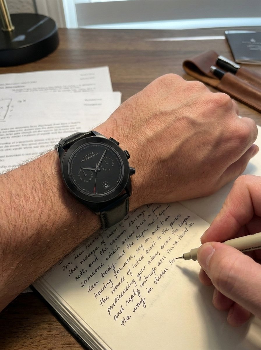 Manx worn on the wrist while writing at a desk